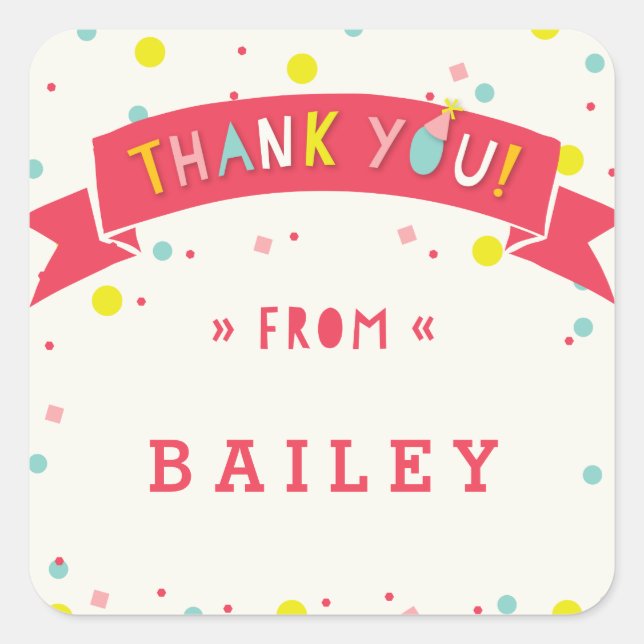 Adesivo Quadrado Oh Que Divertido Aniversário De Confetti Obrigado, (Frente)