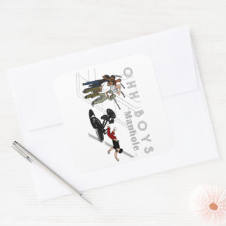 Adesivo Quadrado OHH BOYS - Homem na bicicleta bate em um gabinete