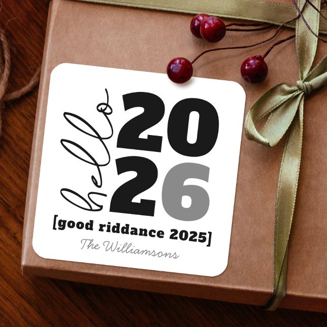 Adesivo Quadrado Olá Ano Novo Black White Bold Nome do Ano Personal (Criador carregado)