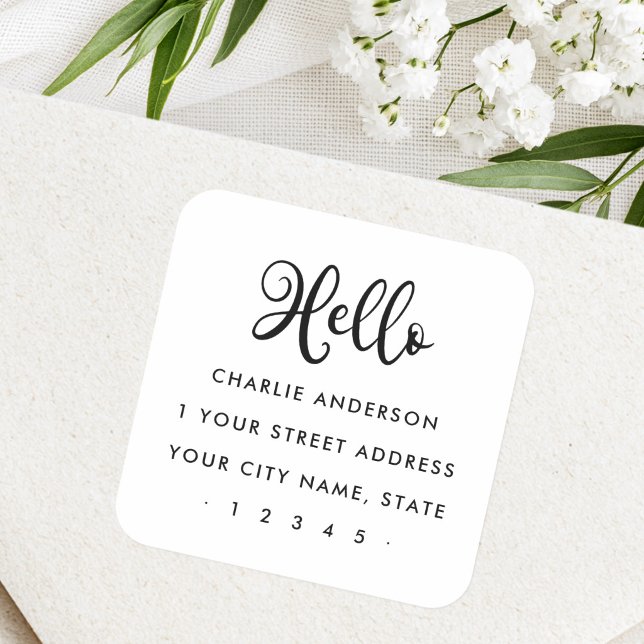 Adesivo Quadrado Olá, endereço de devolução em script fofo minimali (Hello cute script modern minimalist return address square sticker)