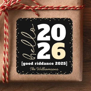 Adesivo Quadrado Olá Novo Ano Preto Dourado Moderno Nome do Ano Per