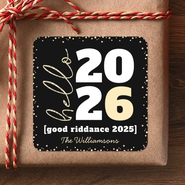 Adesivo Quadrado Olá Novo Ano Preto Dourado Moderno Nome do Ano Per (Criador carregado)