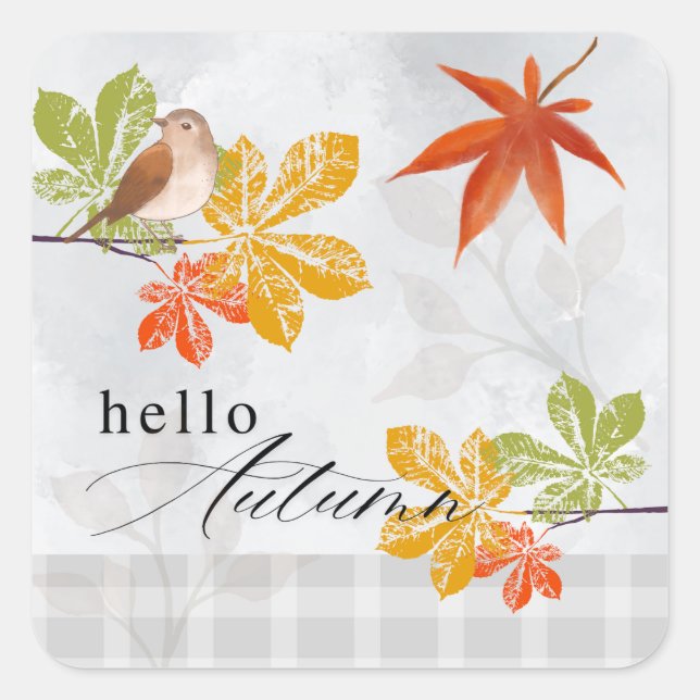 Adesivo Quadrado Olá outono com aves e folhas de outono (Frente)