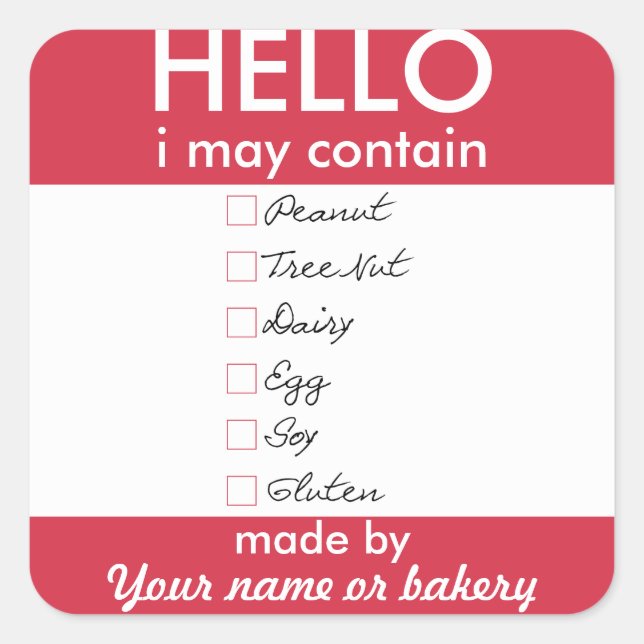 Adesivo Quadrado Olá, Posso Conter Alergens Personalizados Bakery (Frente)