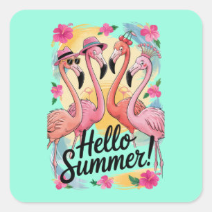 Adesivo Quadrado Olá Verão Flamingo Fofo Férias na Praia Tropical