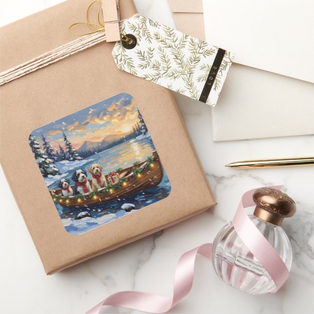 Adesivo Quadrado Old English Sheepdog Christmas Boat Holiday (Presentear)