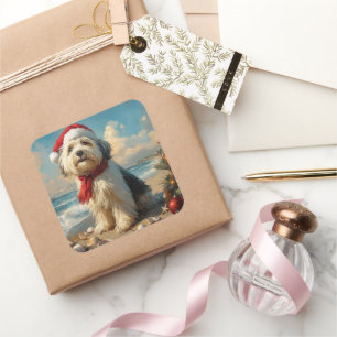 Adesivo Quadrado Old English Sheepdog Christmas Vintage Beach