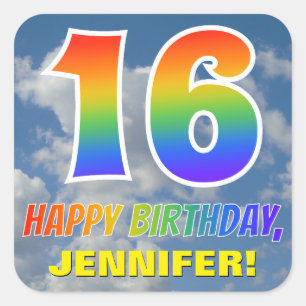 Adesivo Quadrado Olhar "16" do arco-íris & "FELIZ ANIVERSARIO",