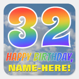 Adesivo Quadrado Olhar "32" do arco-íris & "FELIZ ANIVERSARIO",