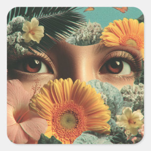 Adesivo Quadrado Olhos Surreais e Flores com Borboletas