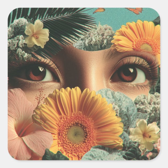 Adesivo Quadrado Olhos Surreais e Flores com Borboletas (Frente)