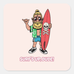 Adesivo Quadrado Onda Certa, Cara! Surfista Barbudo de Desenho Anim