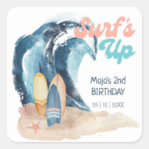 Adesivo Quadrado Onda Chegou Aniversário de Crianças de Surf na P