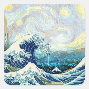 ADESIVO QUADRADO ONDA DE KANAGAWA EM FUNDO DE NOITE ESTRELADA