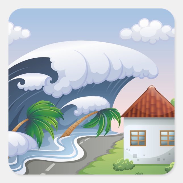 Adesivo Quadrado Onda de Tsunami Atingindo Estrada Costeira Tempest (Frente)