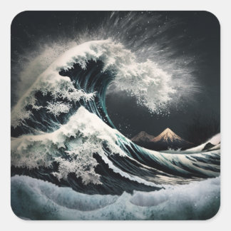 Adesivo Quadrado Onda de tsunami no brilho da lua.