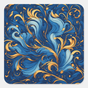 Adesivo Quadrado Ondas Reais de Fantasia Redemoinhos de Azul e Dour