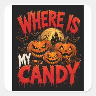 Adesivo Quadrado Onde Está Minha Balas de Halloween Abóbora T-Shirt