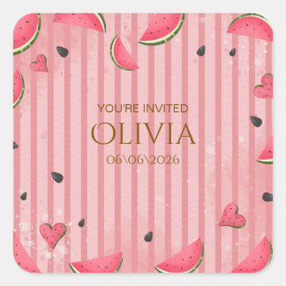 Adesivo Quadrado One in a Melon Watermelon First Birthday Invitatio