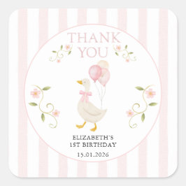 Adesivo Quadrado One Silly Goose Girl 1st Birthday Pink Thank You