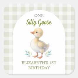 Adesivo Quadrado One Silly Goose Green Gingham Baby First Birthday