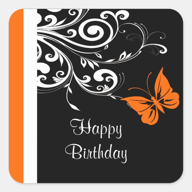 Adesivo Quadrado Orange Butterly Swirls Feliz Aniversário (Frente)