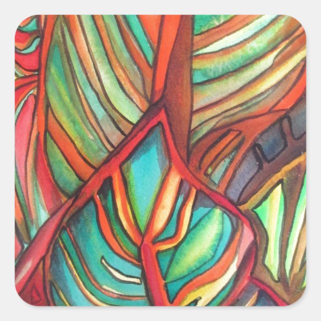 Adesivo Quadrado Orange Canna deixa aquarela arte original (Frente)