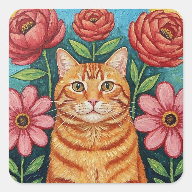 Adesivo Quadrado Orange Cat Folk Art Flowers (Frente)