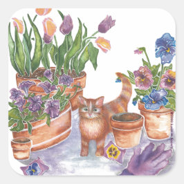 Adesivo Quadrado Orange Cat Tulips Pansies Watercolor "Archibald"