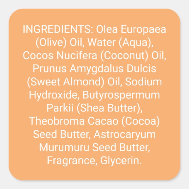 Adesivo Quadrado Orange Soap or Skincare Ingredients Product Label (Frente)