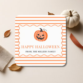 Adesivo Quadrado Orange Striped Pumpkin Halloween Greeting