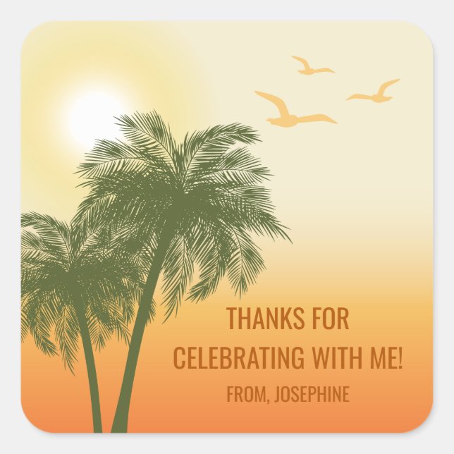 Adesivo Quadrado Orange Summer Sunset Palm Trees Birthday Thank You (Frente)