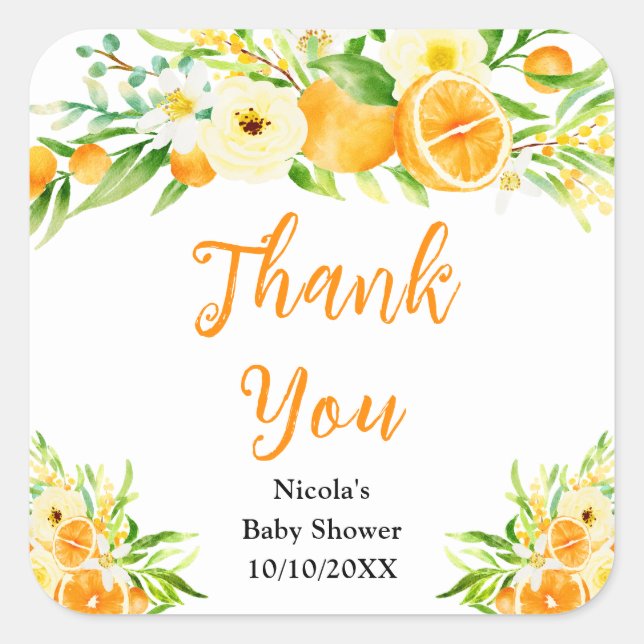 Adesivo Quadrado Oranges Citrus Baby Shower Thank You (Frente)
