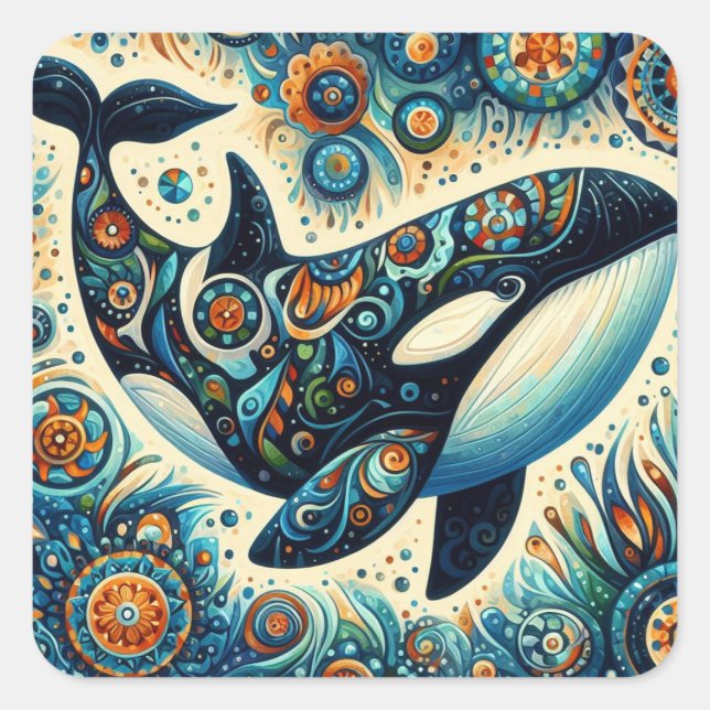 Adesivo Quadrado Orca Killer Whale Floral Whimssic - Praia Náutica  (Frente)