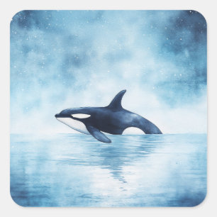 Adesivo Quadrado Orca Nadando por um Oceano Estrelado