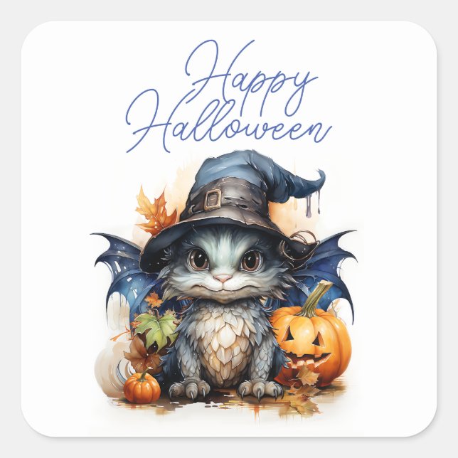 Adesivo Quadrado Orçamento Dragão Bebê Aquarela Infantil Halloween (Frente)