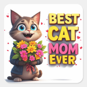 Adesivo Quadrado Orgulhosa Mãe de Gato com Gatinho Florido Fofo 🐱