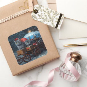 Adesivo Quadrado Oriental Blue Cat Snowy Sleigh Decência de Natal