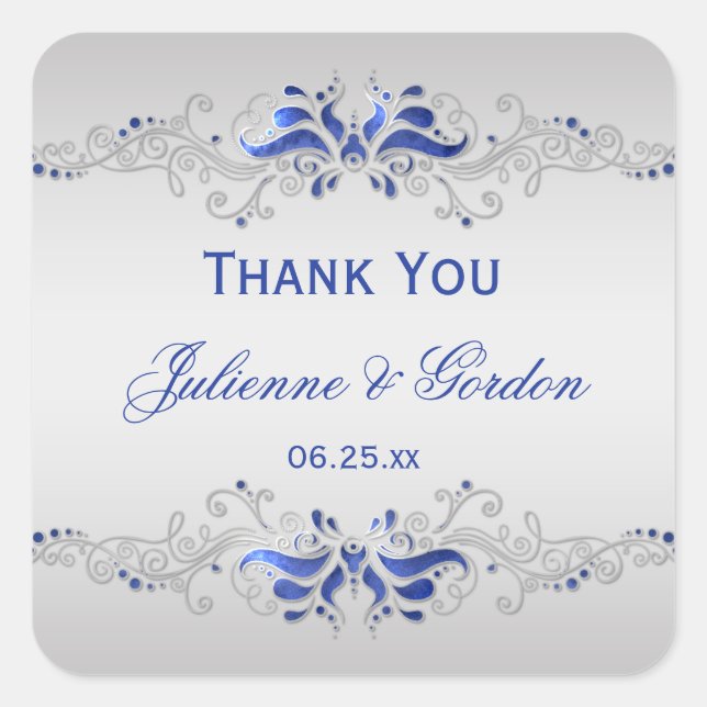 Adesivo Quadrado Ornamentado Blue Silver Swirls Quadrado Favor de C (Frente)