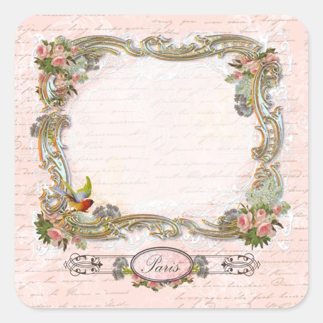 Adesivo Quadrado Ornamentado Percorre Rosas Rosa Escrevendo Frances (Frente)