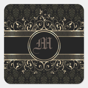 Adesivo Quadrado Ornamentado preto e Dourado, com monograma