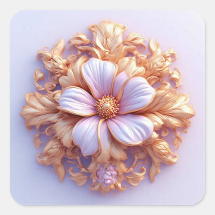 Adesivo Quadrado 🌸 Ornamento Floral Luxo Dourado Decoração Present