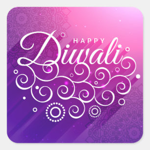 Adesivo Quadrado Ornamento florescente roxo brilhante Happy Diwali