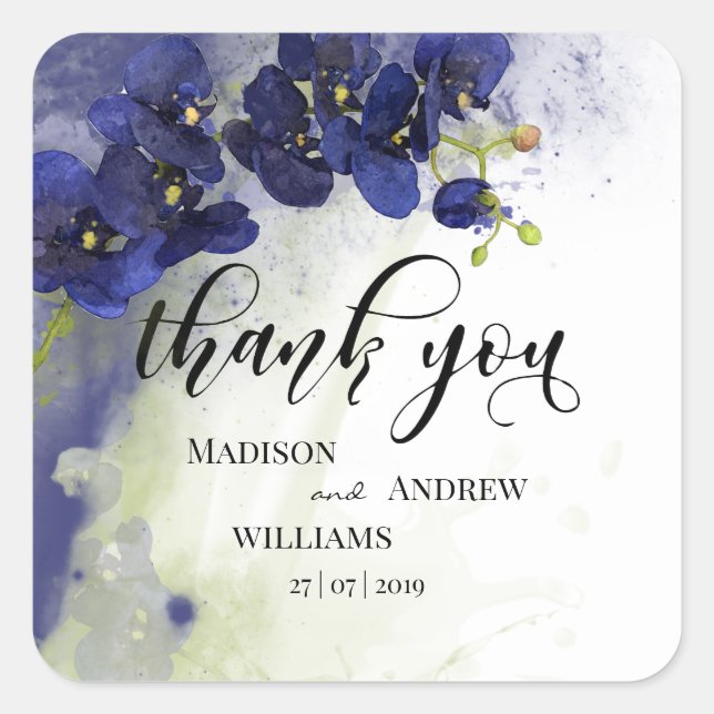 Adesivo Quadrado Orquídea Azul Escura - Cor da Água - Obrigado (Frente)