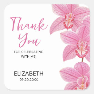 Adesivo Quadrado Orquídea Rosa Tropical Flor Aniversário Obrigado