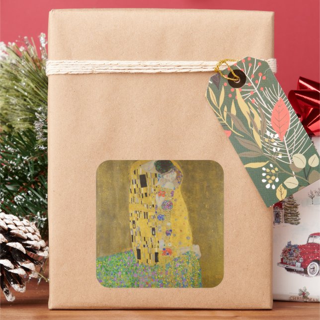 Adesivo Quadrado Os amantes beijando o abraço de Gustav Klimt (Feriado)