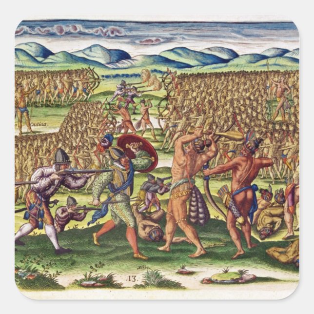 Adesivo Quadrado Os franceses ajudam os índios na batalha (Frente)