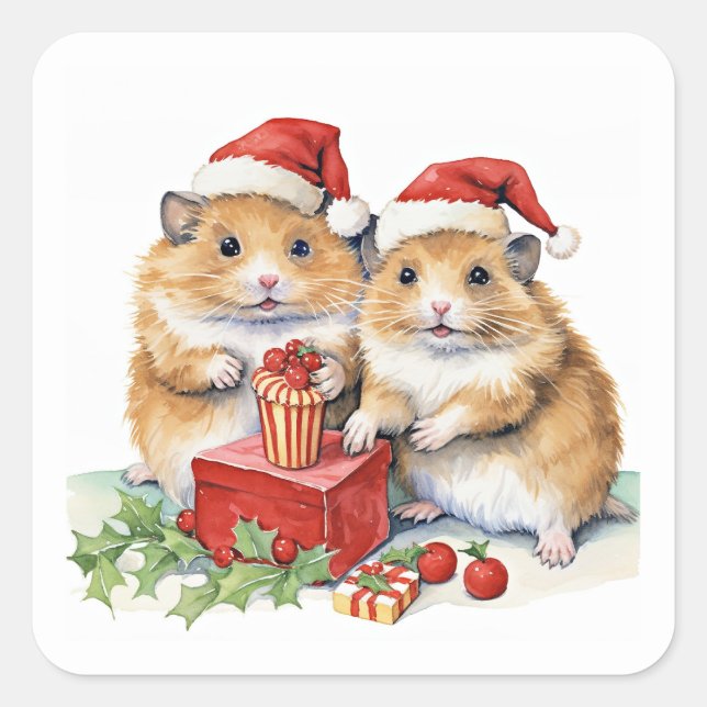 Adesivo Quadrado Os Hampsters de Natal, tão fofos. (Frente)