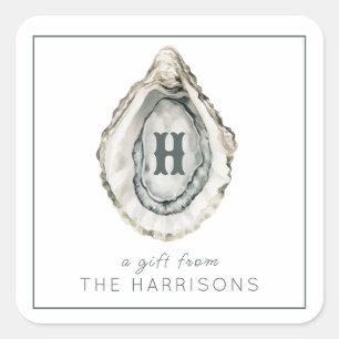 Adesivo Quadrado Ostra Costeira do Monograma de Aquarela