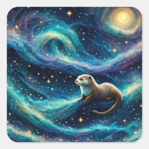 Adesivo Quadrado Otter num Oceano Noturno Estrelado